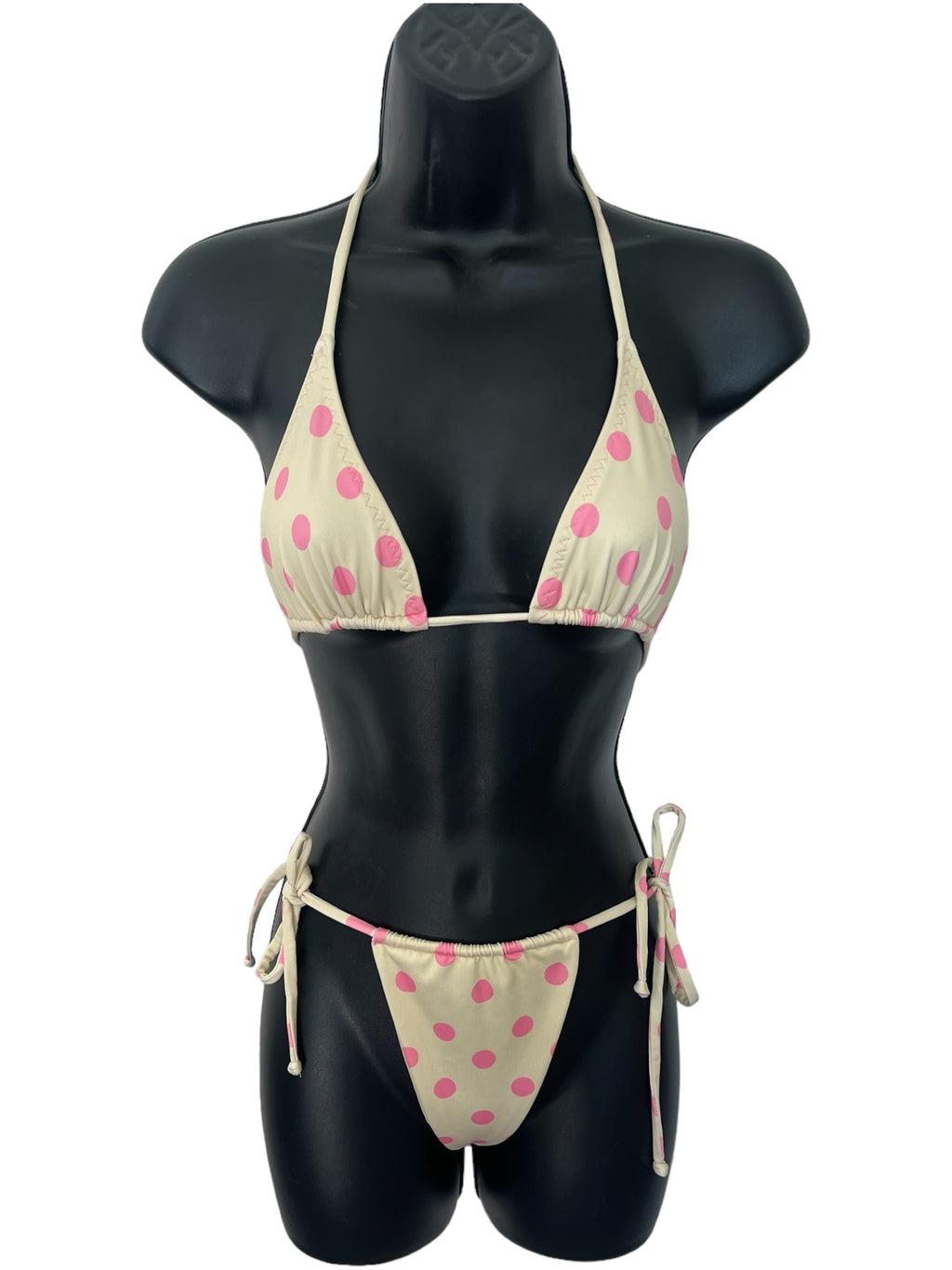 Polka dot triangle top and string bottom