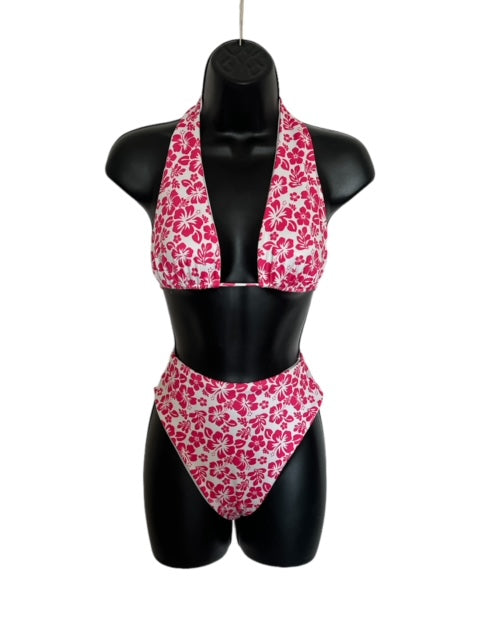 pink hibiscus halter top and high waist bottom