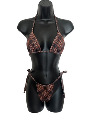 brown plaid triangle top and string bottom